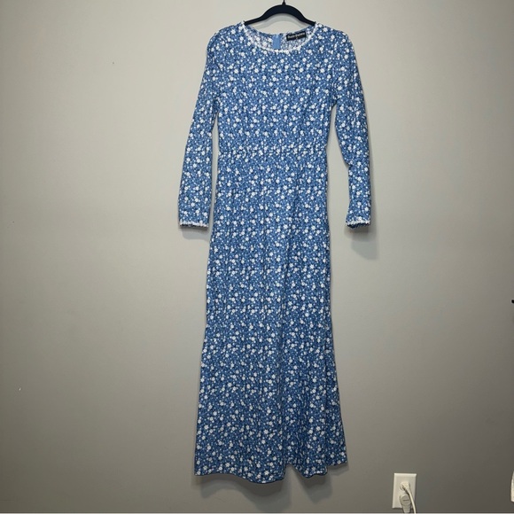 Scarlet Darkness Dresses & Skirts - Scarlet Darkness Blue Floral Maxi‎ Dress Long Sleeve Lace Trim Womens M